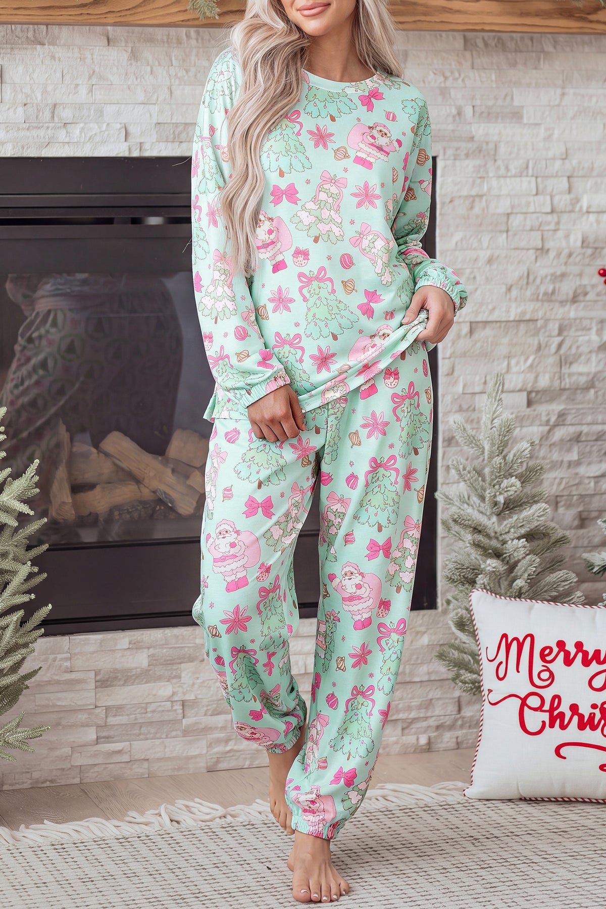 Green Abstract Print Long Sleeve Two Piece Lounge Set