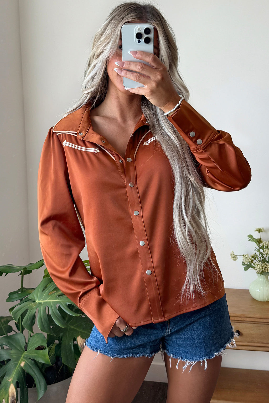 Cinnamon Silky Long Sleeve Button Front Western Fashion Shirt