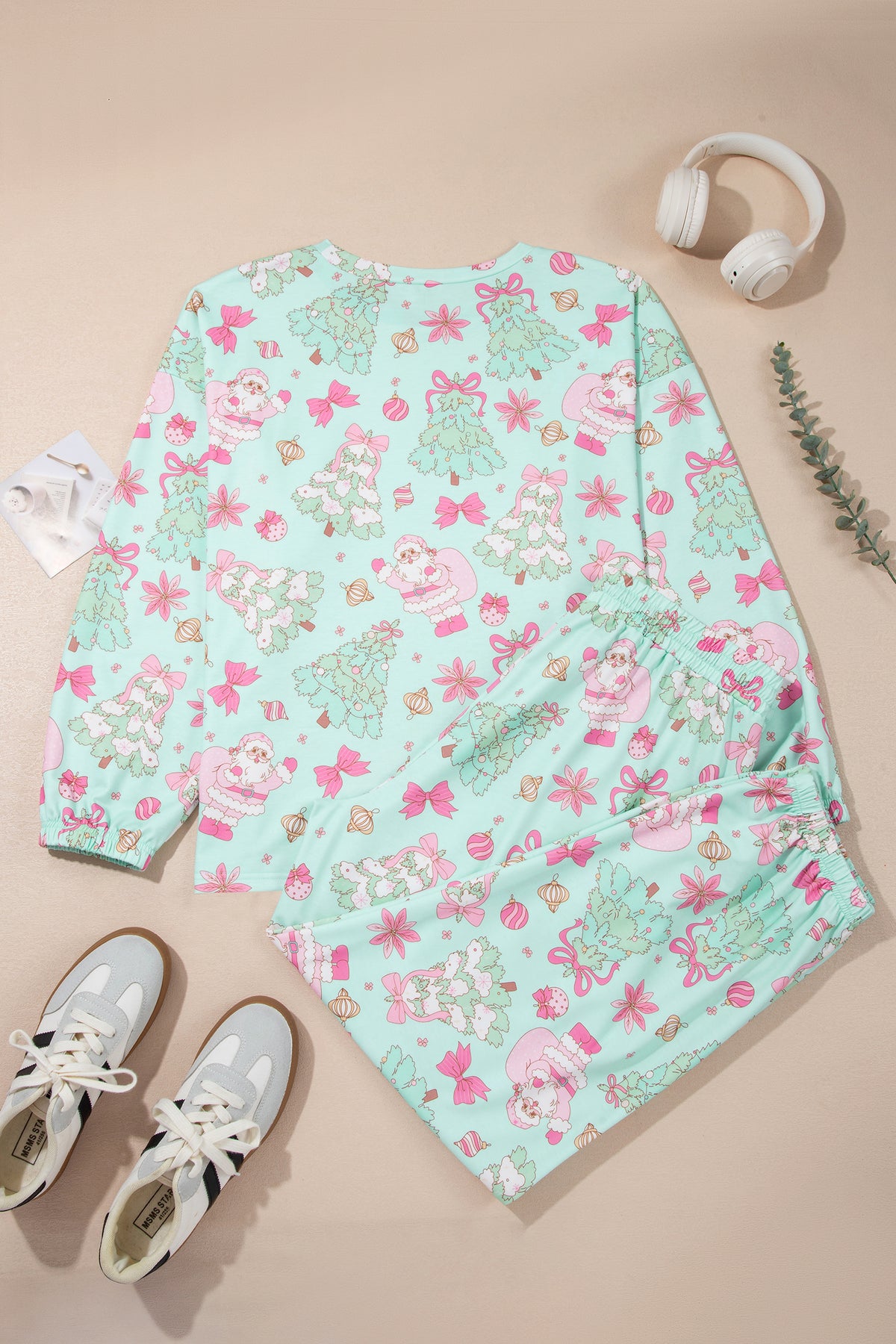 Green Abstract Print Long Sleeve Two Piece Lounge Set