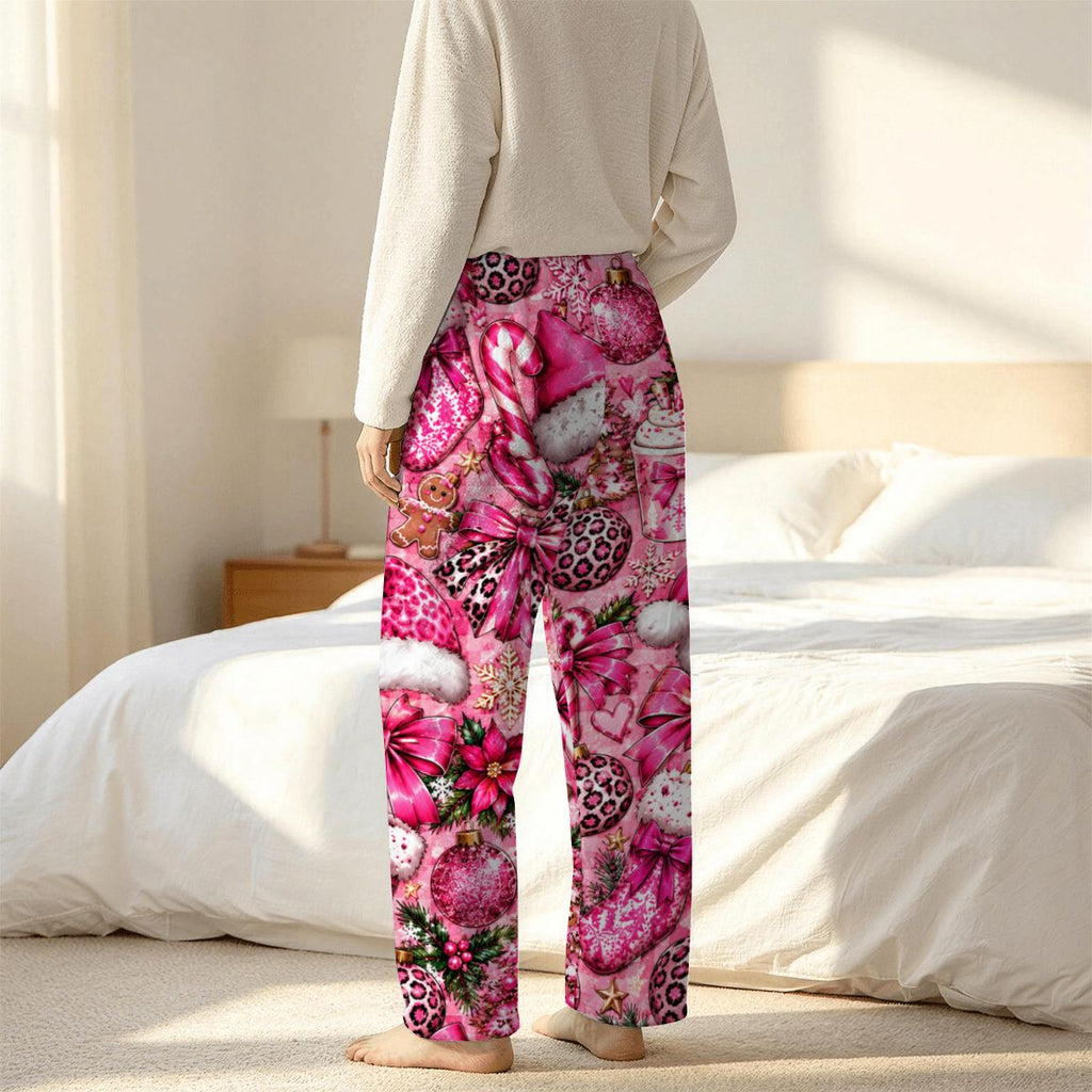 Women's Plush Fleece Pajama Pants teal smiley face pink girly xmas